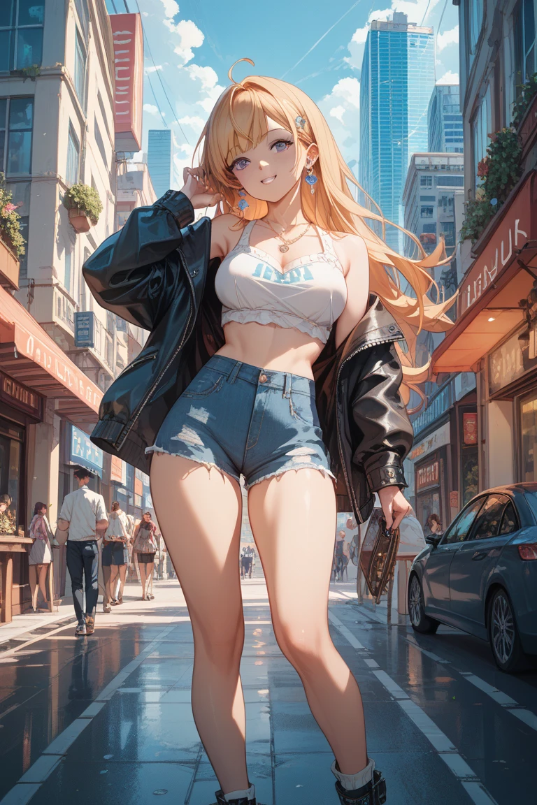 (detailed skin:1.2), (shiny skin:1.4), 8k, best quality, masterpiece, (soft saturation:1.3), (fair skin:1.2), BREAK, 1girl, makeup, large breasts, BREAK, blonde hair, red streaked hair, medium hair, BREAK, camisole under see-through shirt, micro shorts, bare legs, platform sandals, choker, city, BREAK, smile, open mouth, standing