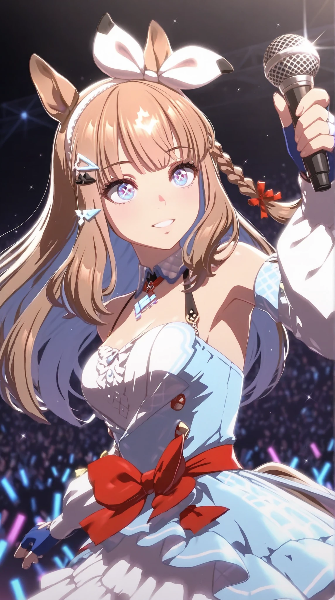 {{unreal engine 5, 100-layer, hyper-detailed, high resolution, beautiful detailed eyes, 4k, 8k, 16k, stunning, sharp, smooth, realistic, intricate, overall detail}}, （1girls）,Almond Eye from Uma Musume, on a concert stage, blue and white frilly idol costume with red ribbons and gold buttons, light brown hair with subtle curls and braids, twin horse ears, bright blue eyes with cross-shaped pupils, energetic and graceful pose, holding a microphone, sparkly lighting, cheering crowd, dramatic spotlight, high-quality anime style,