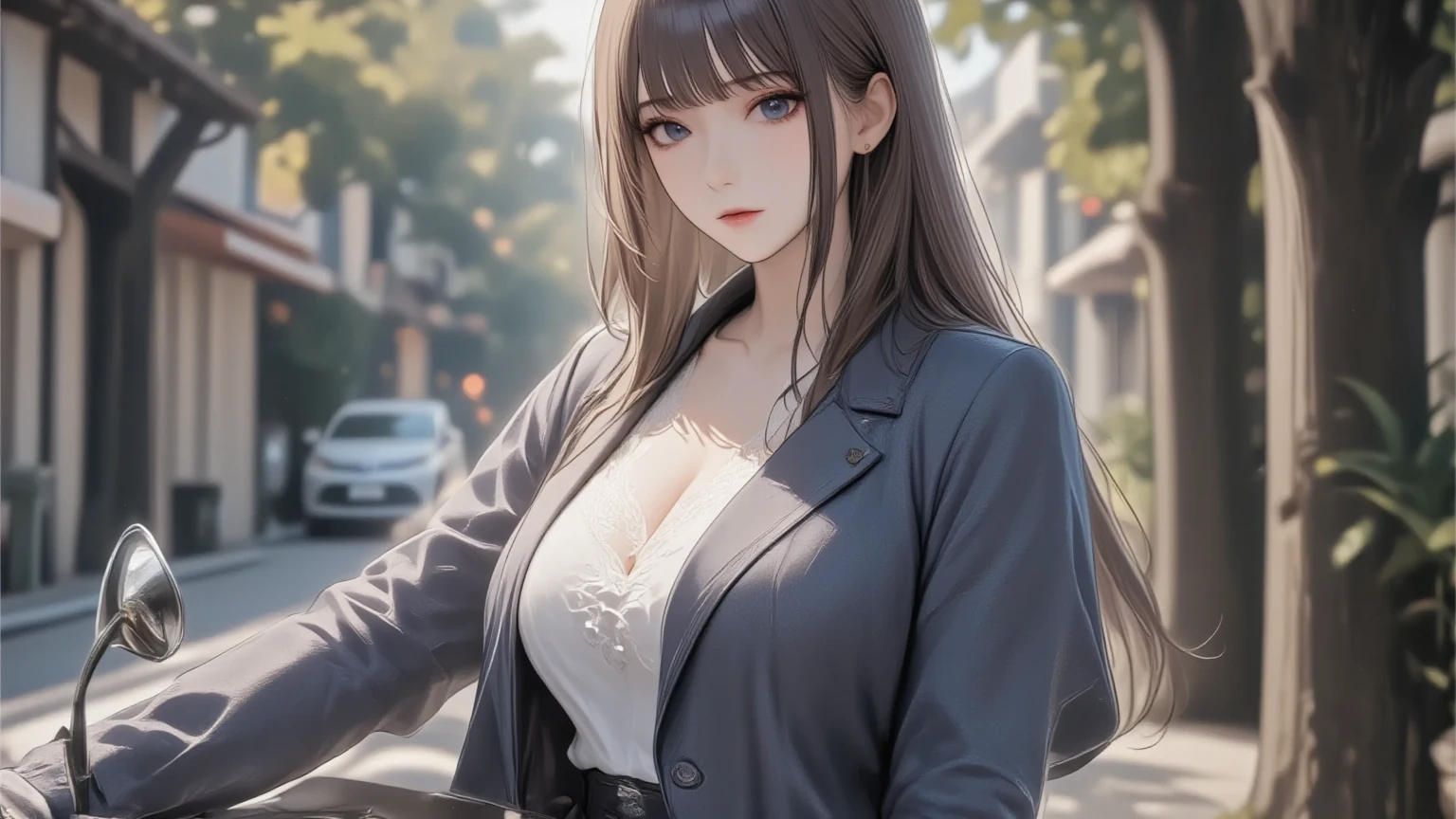 clear, high-definition image, drooping eyes, a receptionist woman, eyes realistic sizing, cardigan, the wind brows up her miniskirt, windy, legs, big sky, ground, dark hour of down, whole body image, angle from below, posing, sitting stone bollard, lick gelato, cream on the nose, along the river, buildings, big chest,