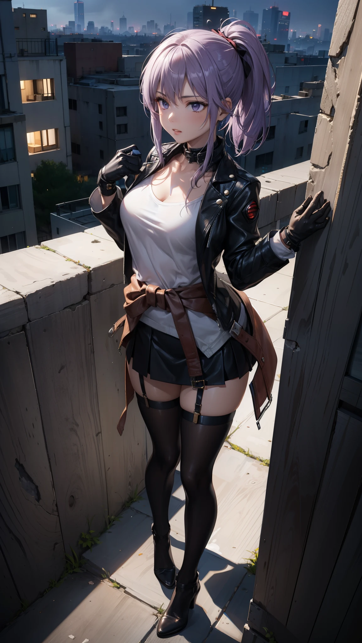 (masterpiece, best quality, Detailed), a chic, Alone, of foot, ((seen from above)), (( girl against the wall)), ((Hands Around the Waist)), ojos Detaileds, purple eyes shirt, Lavender hair short ponytail, Love, medium breasts, sensual lips, ((harness on the torso)), ((black leather jacket)), (black gloves, ((short school miniskirt)), ( brown stockings), CYBERPUNK STYLE, ((at night))