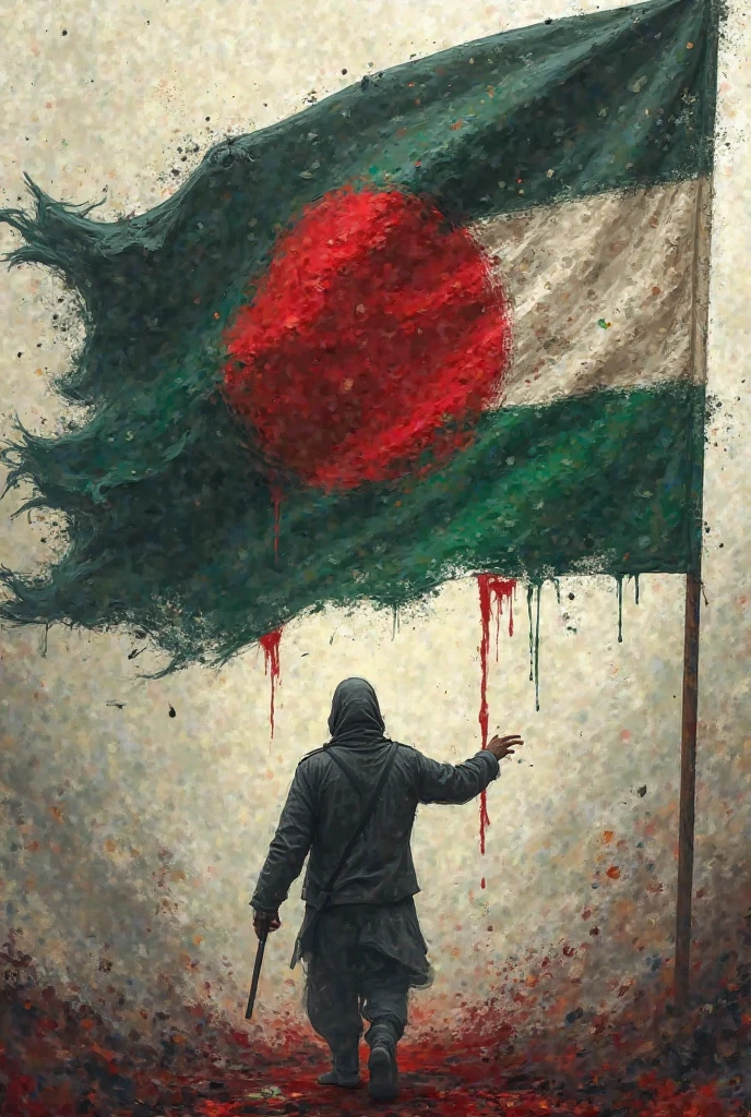 Guy sewing Bangladeshi flag covered with blood anime