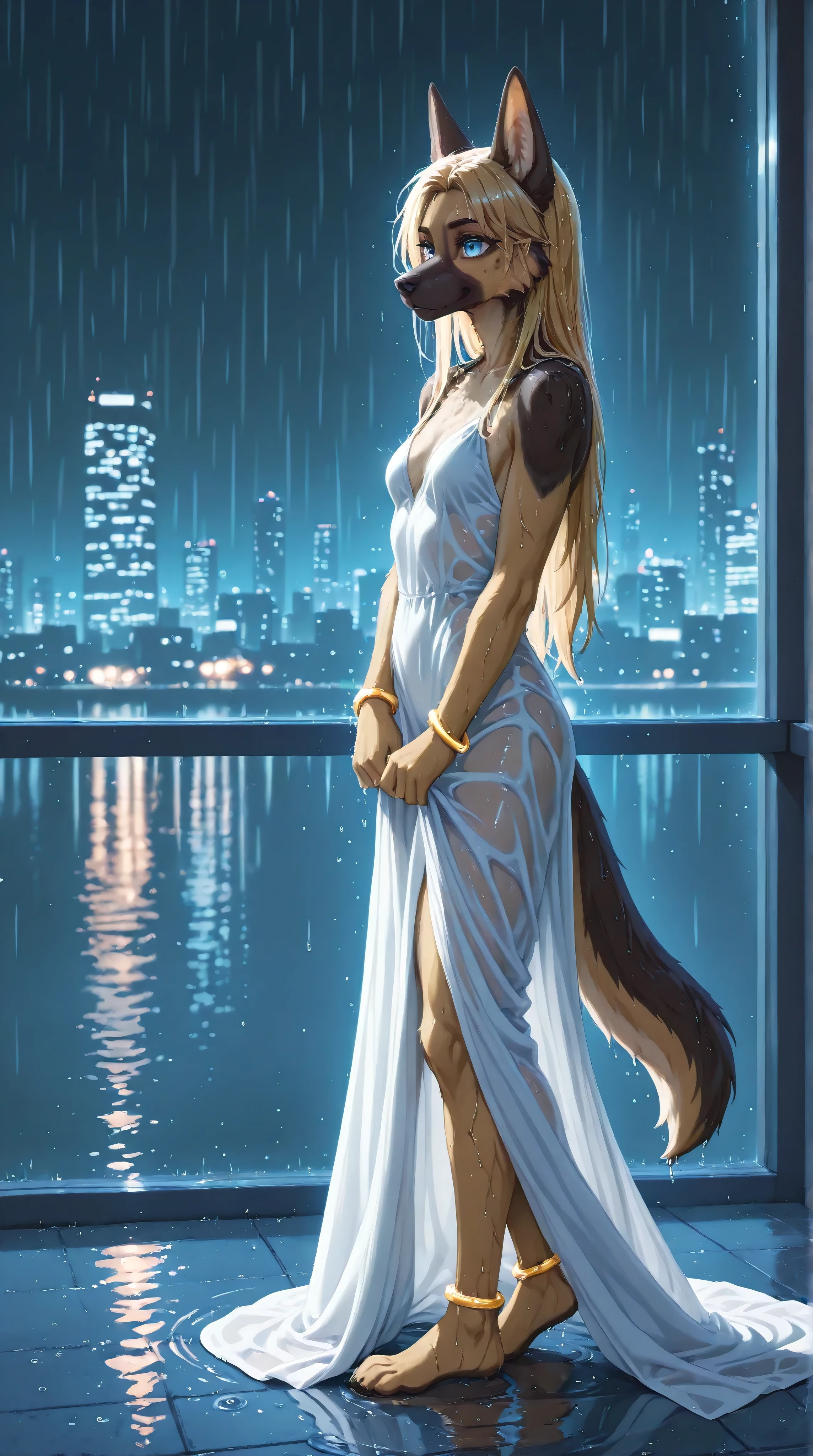 anthro, german shepherd, female, fur, light blue eyes, long hair, blonde hair, small breasts, golden bracelet, golden anklet, wet, wet hair, white transparent long dress, night time, city, rain