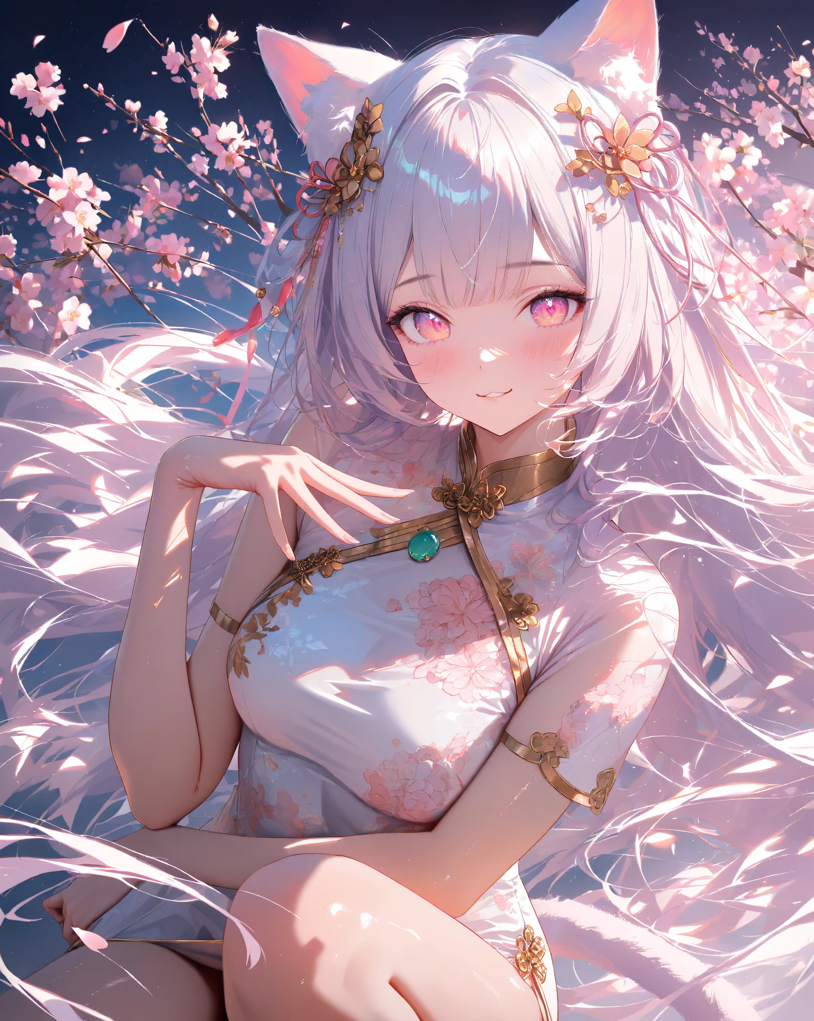 8K Masterpiece Superb Night Full Moon 1 Woman Chinese Style Chinese Architecture Mature Woman Sister Silver White Long Hair Woman Long Hair Light Pink Lips Calm Rational Bangs Gray Pupils Pink Flowers on Head, Flower Background, Petals Dancing, Delicate Face, Hands Back, Close Up