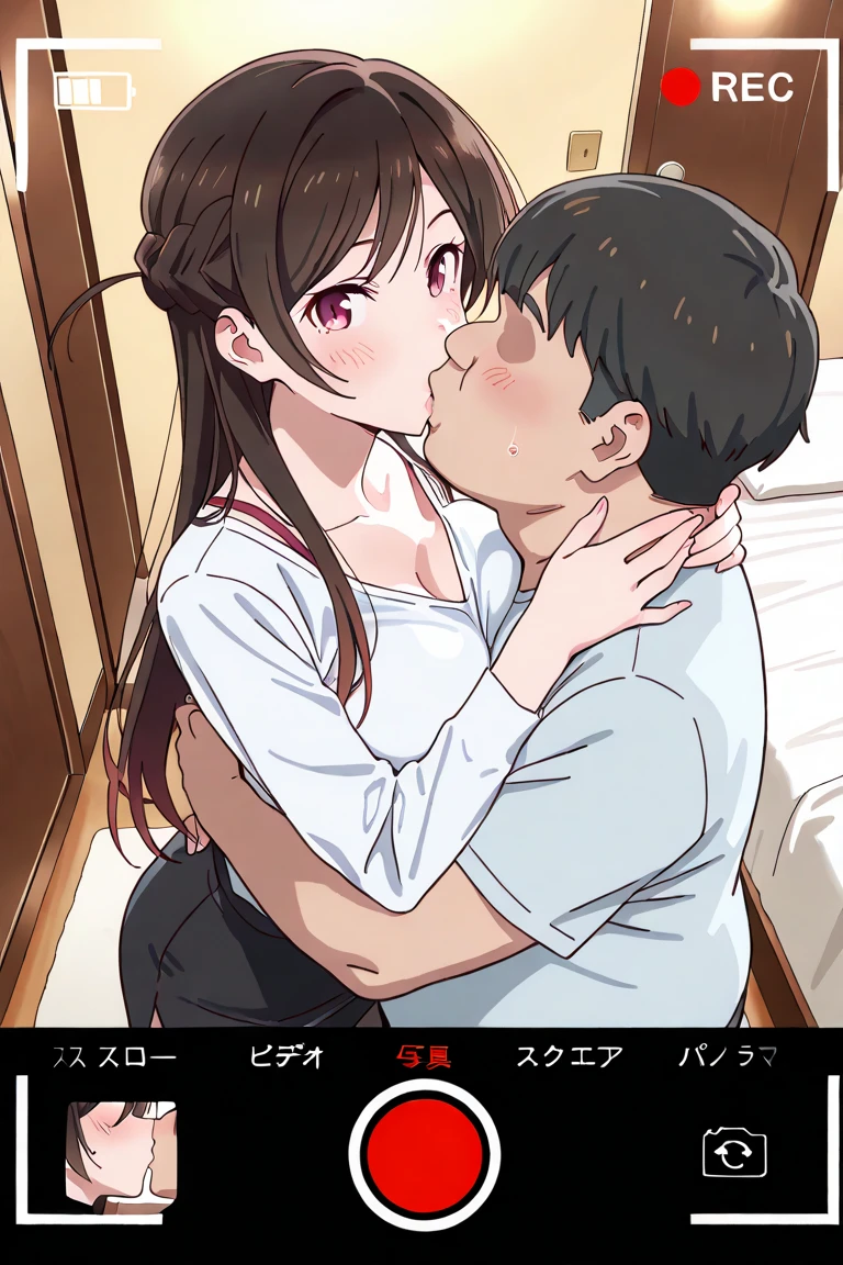 1male, 1girl,{{{{man lick her breasts}}}},1boy,Mouth on chest,black hair,dark skinned,fat middle aged man,1girl,Close your mouth,Nude,Red eyes,Long twin tails,Brown Hair,Eyebrows visible through hair,Flat Chest,upper body,breaast focus,
