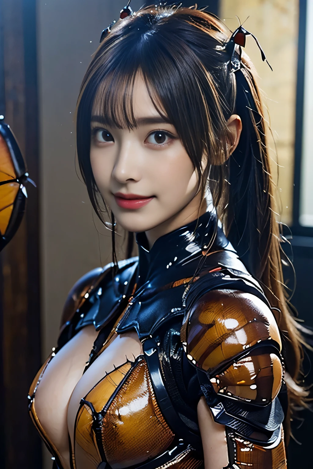 (high resolution,masterpiece,best quality,extremely detailed CG, anime, official art:1.4), realistic, photo, amazing fine details, all intricate, gloss and shiny,awesome many layers, 8k wall paper, 3d, sketch, kawaii, illustration,( solo:1.4), perfect female proportion,villainess, (fusion of dark brown cockroach and lady:1.4), (brown cockroach form lady:1.2), (brown cockroach lady:1.2), (fusion:1.2), (solo:1.4), (evil smile:1.2), muscular, abs, (cockroach brown exoskeleton bio insect suit:1.4), (cockroach brown exoskeleton bio insect armor:1.2), (brown transparency cockroach wing:1.4), (brown cockroach antennae:1.3),
