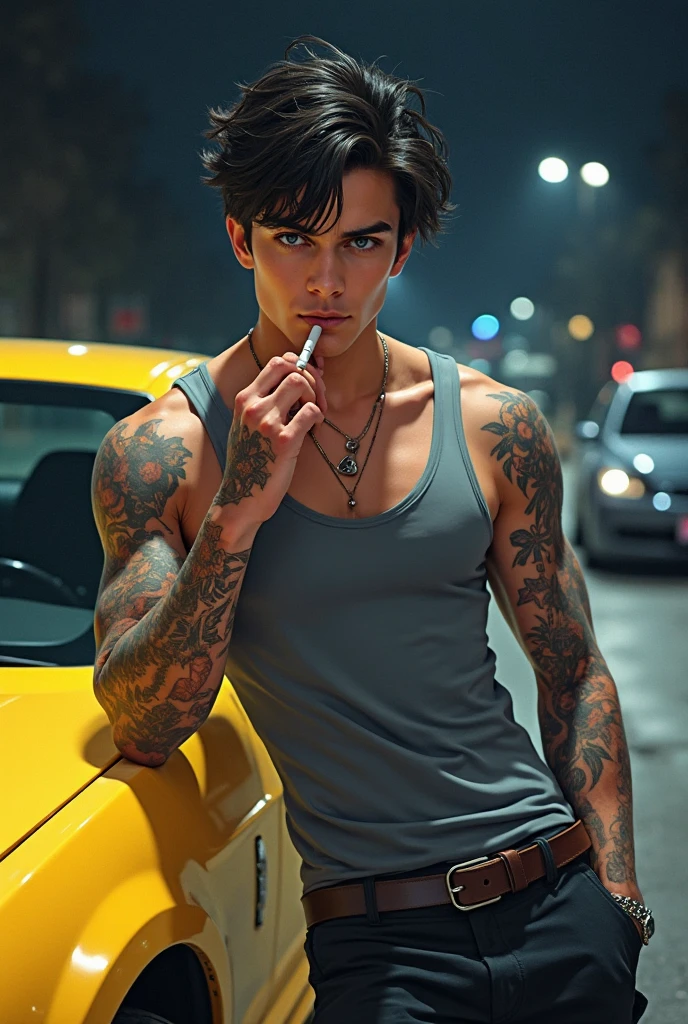 A 23 year old man handsome attractive seductive expression, athletic, tattooed, Leaning on his sports car, shirtless , strong arms cabello castaño oscuro, strong arms, neck tattoo, , outfit casual, very handsome , at night, baggy jeans denim