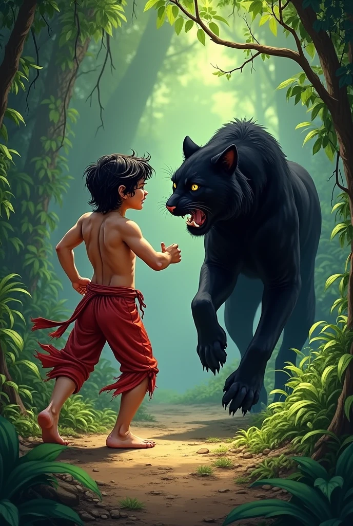 Both boys standing bravely in front of the lion, with मोनू in a protective stance and छोटू holding a stick, ready to outsmart the lion.