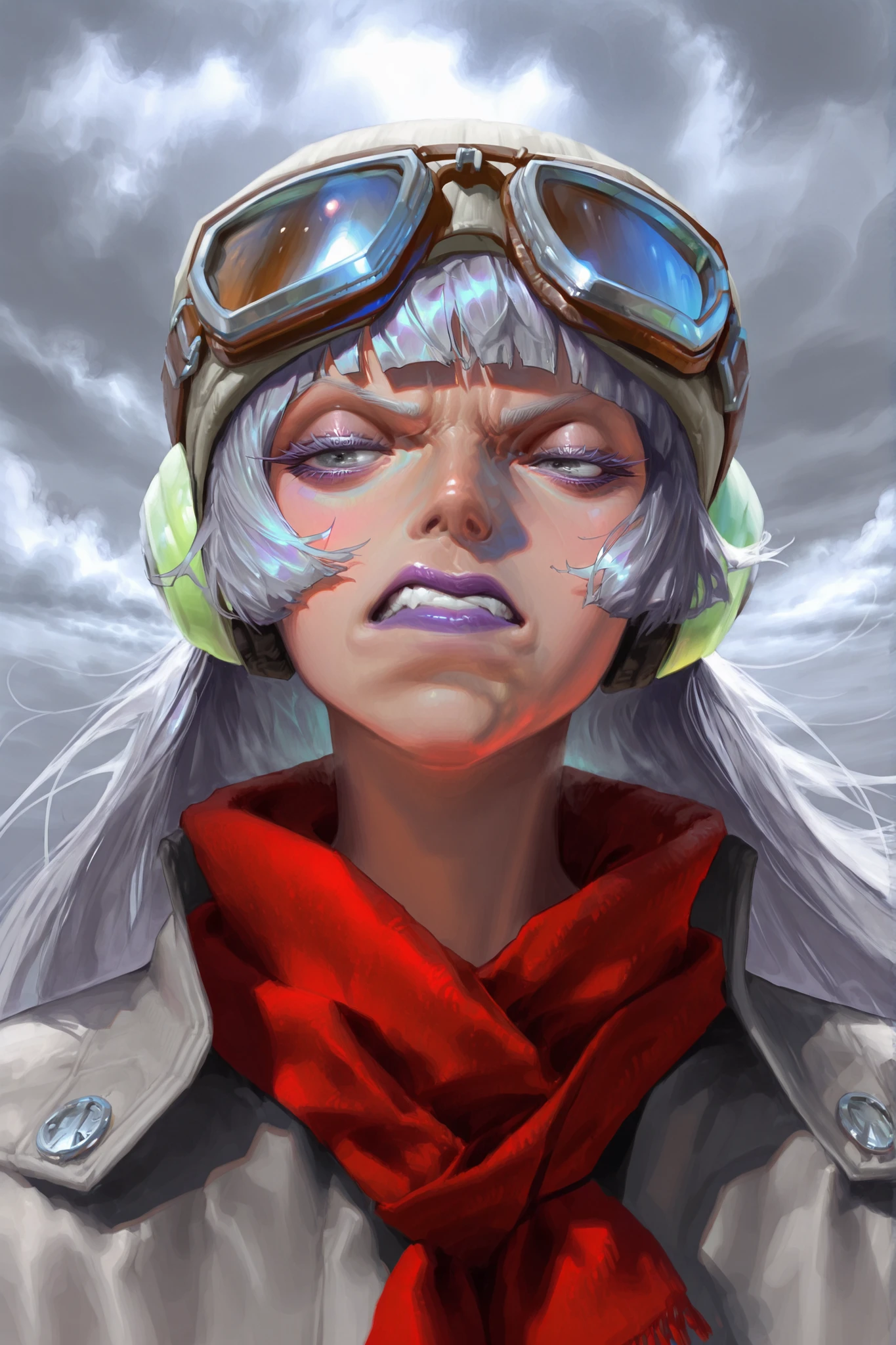 HDR, 8K, high contrast, masterpiece, best quality, amazing quality, very aesthetic, anime artstyle, realistic, newest, digital painting, brushstrokes, digital painting, brush texture, shiny, sharp shapes,
BREAK
bounce light, hyperdetailed, detailed hair strands, detailed fibers,
BREAK
Concept art, portrait, grey background, cloudy grey background, super textured, sungmoo style
BREAK
1girl, portrait, goggles, purple lips, scowl, narrow eyes, defined eyelashes, grey trench coat, red scarf, hime cut hair, scottish ethnicity, sharp facial features