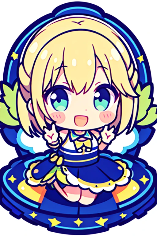 masterpiece, beautiful detailed, 1girl, Cartoon bones, chibi:1, Chibi, (Wearing zipper hoodie: 1.3), yellow Eyes, yellow hair, bob cut, medium breasts, hair ornament, hair intakes, ((smile)), Colorless solid background