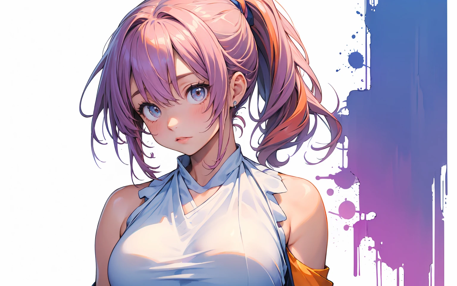 masterpiece, best quality, ultra high resolution, beautiful and good hair,delicate face, perfect woman face, Double ponytail hairstyle, pink hair, (:1.4), breast sagging, huge cleavage,Mai Shiranui'Costumes from the King of Fighters game, red clothes,sling corset,hair accessories,(:1.8), breast sagging, huge cleavage, Accessories Squeeze your breasts outward.,chest compressiony face turned red with shame.,transparent,sitting on a pink bed,Exposure of the pectoral muscles
