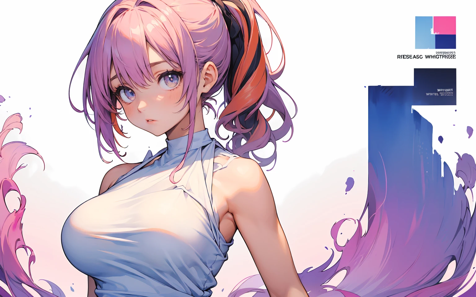 (masterpiece:1.2, best quality), (dinamic lighting) 1lady, solo, short hair, big breasts, (shiny skin:1.2), upper body, glasses, modern, wavy pink hair,pink Suspenders, flower on ear, harajuku style, hair pin, loli ,ahoge
