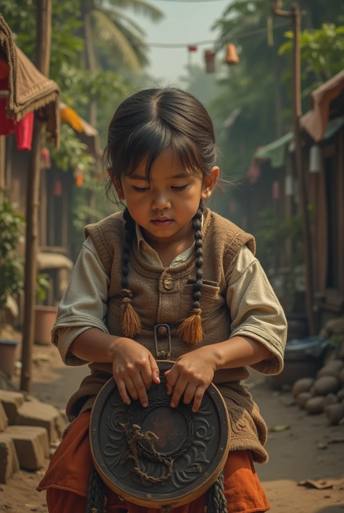 high resolution、Superior image quality、Top-notch image quality、Maximum quality、in 8K、real live action、realisitic、Raw photo、Masterpiece artwork、tabletop、professional lighting、realisitic background、((2 years))、standing、、cute (roman gladiator costume))、、, a baby face、The one with baby hair、((closing the eye)), ((work of art), (best qualityer), (CRU photo), (fotorrealisitic:1.4), Foto altamente realisitic, Portrait of a Japanese woman, 1 year old, baby hair, glare eyes, wearing a feudal Japanese samurai costume, holding japanese spear, detailed clothing, The light from above shines down, (Feudal Japan city background), photo taken in 1975 by Fujifilm XT3