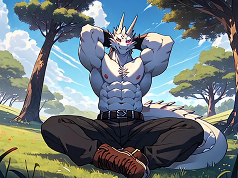 dragon,alone,paw,teeth,crawler,chest muscles, peak, teethAdult,alone,dragon tail,sit down,meditate,4K,best quality,HD,whole body,paw,naked,looking at the audience,chest muscles, pink nipples, Six-pack abs,biceps,pride,soft shadow,majestic,Detailed face,HD eyes,keen vision,eyes sparkling,Gorgeous,brave,confident smile,Strong,Mature,wilderness,ruins,river,Blue sky and white clouds,The sun shines