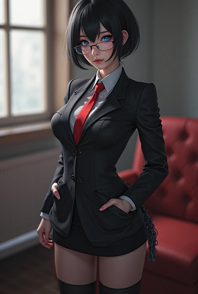 masterpiece, best quality, 8K RAW photo, film grain, bokeh, boudoir <lora:edgArmoredCore6Allmind:.8> edgAllmind, bob cut,blunt bangs,two tone hair,golden earrings,black suit,necktie, green eyes,pencil skirt,glasses,