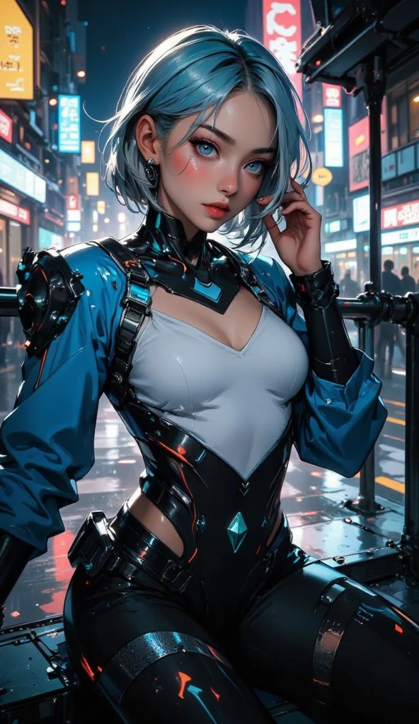 (Beautiful cyber girl)), ((Mechanical blood vessels connected to mechanical tubular vertebrae.), ((mechanical cervical attachment to the neck)), (alambres y cables que se fijan al cuello:1.2), ((masa de alambres y cables en la cabeza)),  (Enfoque del personaje), (((dynamic  pose))), (Obra maestra), (((La mejor calidad))), ((Ultra detallado)), (Highly detailed photorealistic CG illustration), cinematic lighting, Science-Fiction, extremadamente detallado,De color,Highest detail, Antecedentes de la ciudad cyberpunk.ojos plateados , Neon lights ,coloured hair