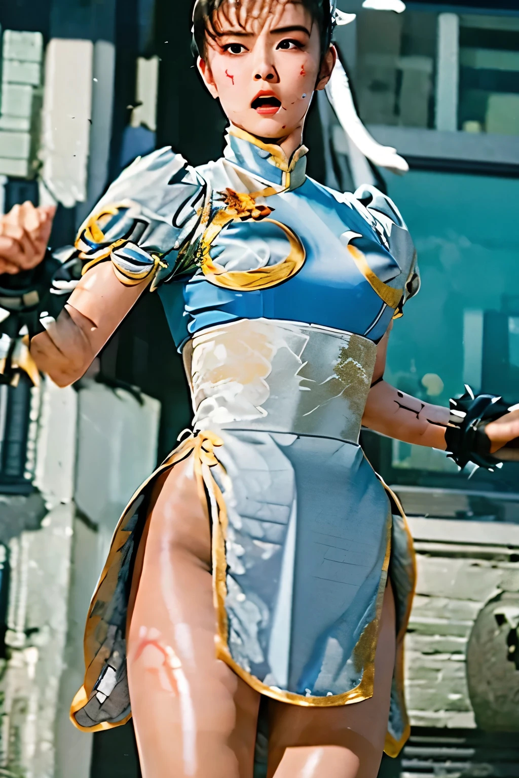 (((High Kick)))、Chun-Li from Street Fight II,The perfect Chun-Li costume,Blue Chinese dress with gold lines,Bun Head,Good cover,Fighting Pose,masterpiece、1 beautiful girl、Fine Eyes、Puffy eyes、highest quality, 超High resolution, (reality: 1.4), Cinema Lighting、Japanese、Asian Beauty、Korean、so beautiful、Beautiful Skin、Body facing forward、Face close-up、(超reality的な)、(High resolution)、(8k)、(Very detailed)、(美しくFine Eyes)、(Very detailed)、 (wall-)、Detailed face、Bright lighting、Professional Lighting、Looking at the audience、Look straight ahead、Diagonal bangs、Nogizaka Idol、Korean Idol、masterpiece, highest quality, masterpiece, highest quality, Perfect Face, Perfect brown eyes with white sclera, Bad move -5, alone, 1 girl, Upper Body, Brown Hair, From SF2, Chinese Language Services, smile, Muscular woman, Blue clothes, pantyhose, Pelvic Curtain, Puff short sleeves, Good cover, sash, evaluation:safety