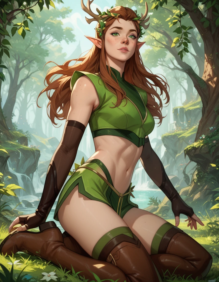 elf ears ,LEAF COSTUME,alone girl with red hair looking at viewer