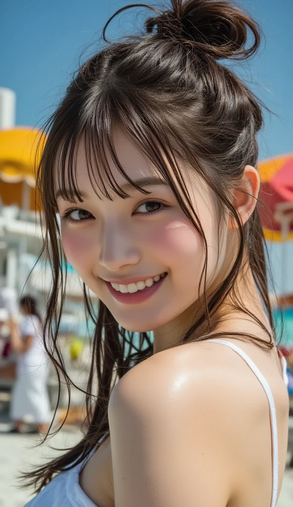 (Highest quality,masterpiece:1.3,Ultra-high resolution),(Very detailed,Caustics,8K),(Realistic:1.4,RAW shooting),(Smiling girls splashing water on each other),Japanese,18-year-old,cute,Black Short Hair,(big ),Bikini Swimwear,(Face Focus),(Face close-up),(Bust up shot),(Low position),(Low Angle),Clear and beautiful sea,Beach,sun,strong sunlight,Lens flare,Natural light,Professional Writing