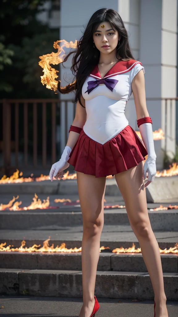 (masterpiece, Ultra High Resolution, 16 K, absurdness quality:1.3), 1girl in, (realistic pictures of Sailor Mars:1.4 Beautiful woman:1.15, ultra detailed face:1.3), Perfect eyes, (Natural huge tits:1.5, Realistic nipple:1.35), (tiara:1.3, torn Sailor Uniform:1.55, White Gloves:1.1, Red sailor color:1.15, Red skirt:1.1, Red high heels, elbow groves:1.1, Pleated skirt, Bare legs, Purple Ribbon:1.1), (realistic fire magic with using sailor moon magical stick:1.5), (Interior of a realistic abandoned building:1.1, Dark atmosphere:1.4), (just below angle:1.3),