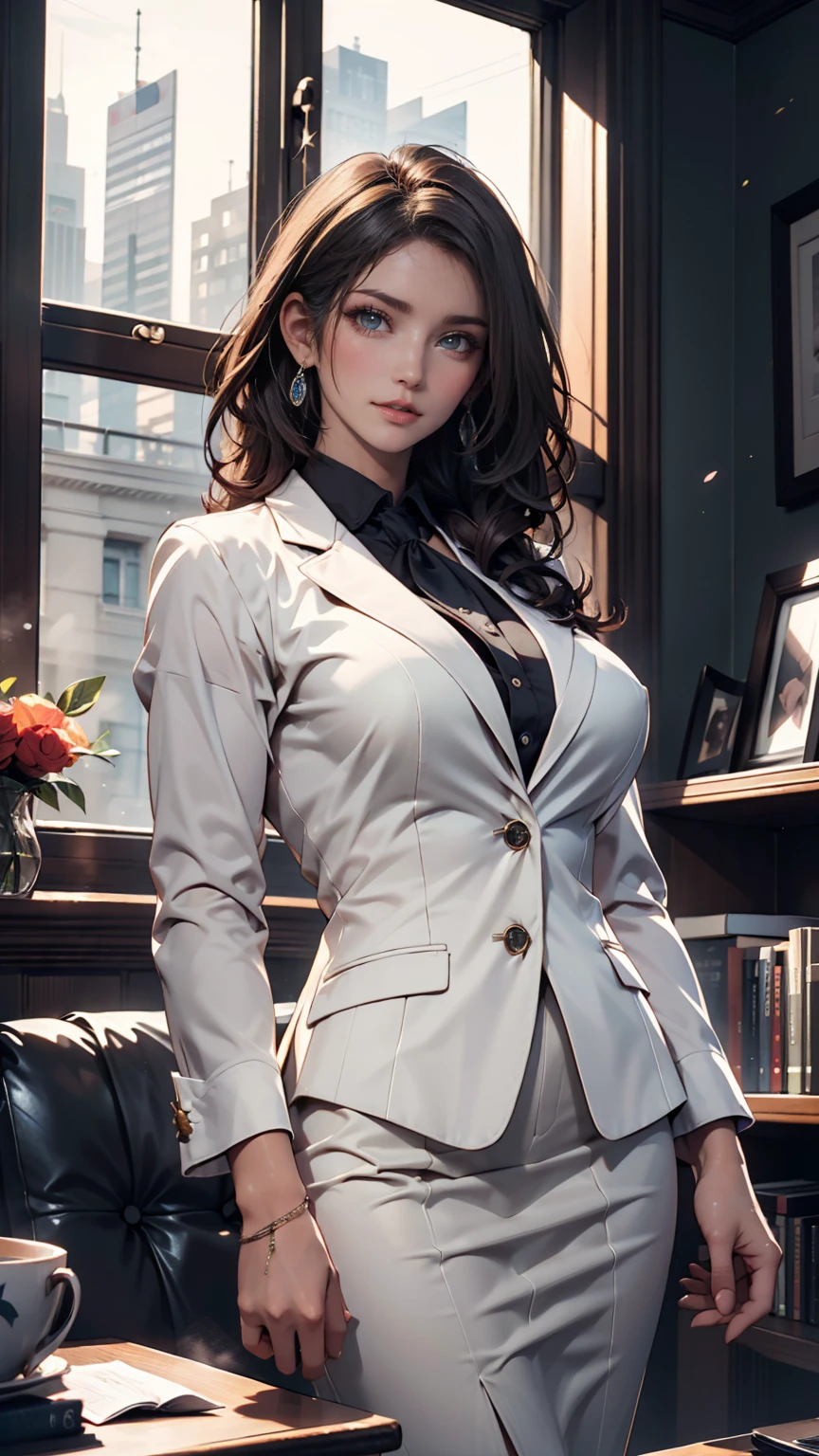 Masterpiece, 16k, award-winning photo, extremely detailed, amazing, fine detail, absurd, highly detailed woman, 20 years old, sexy theme, high detail, extremely detailed eyes and face, glare eyes, ((((black pantyhose)))), (short skirt))), (suit))), good hips and long legs, beautiful face, perfect face shape, perfect body, oversize model, mature woman, (((high and long legs))), (((very large breasts))), Perfect for wearing tight, simple clothes, high heels, photography 4 Kodak Portra 400 camera F1. 6 colorful lenses, ultra-realistic textures, dramatic lighting IrrealEngine ArtStation Cinestill 800 Tungsten Trends on the Lamp, (((Full Body))), There is a woman sitting in a chair in the room, Masterpieces: 1.2, Best Quality, Ultra High Resolution, Realistic, Ultra-Realistic Detail, Clear Focus, (Real Pictures, Fine Production, Depth of Field), Solo, Beautiful Girl, Masterpiece: 1.2, Best Quality),
