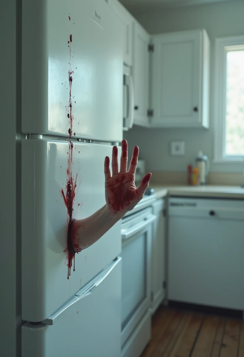 Spooky Kitchen Appliances、((A human hand is sticking out from the gap in the pure white refrigerator door.、Bloody))、Masterpiece、best composition、ultra-definition、Photorealsitic、A hyper-realistic