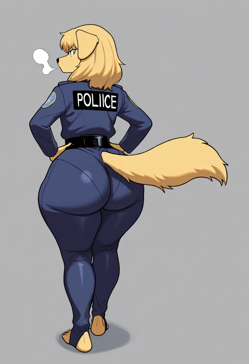 Masterpiece, hi res, beautiful lighting, wide hips,((massive))thighs,((massive)) ass,((femboy)), alleyway background, dog collar, looking at viewer seductively, genitalia bulge, by ASaneMan, full body, standing,((German shepherd)),((police outfit))