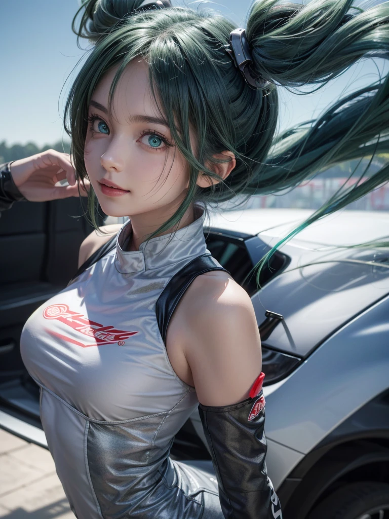 (masterpiece), ( MotoGP Racing Girls), 完璧にbeautifully均整の取れた顔、(Amami Tsubasa:1.8)、(eyeliner:0.5),(blush:0.5), Black Hair, A faint smile, beautifully繊細な少女を指す, Highly detailed eyes and face, beautifully繊細な目, , ((Event List)), (MotoGP track background), (Highest quality, High resolution, reality, original, 8k,masterpiece, ),(((Dynamic pose))),(((Center Perspective))),(((Show the underside of the chest ))),(((Red miniskirt lift))),(((Bare inner thighs))),(((F1 cars on display))), (Vibrant colors:1.2), (beautifully),
