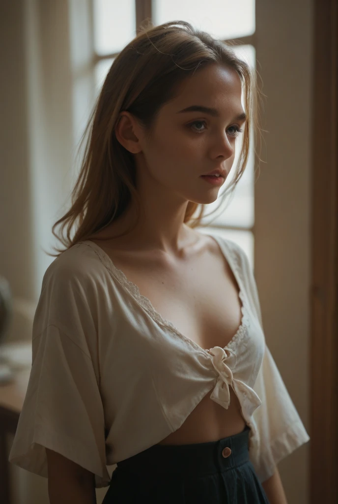 Une jeune et belle femme, cheveux blonds qui tombent doucement en vagues jusqu'aux épaules, taille moyenne, grands yeux verts, Peau propre, elle est en tenue d'infirmière avec peu de matière, elle est dans sont lit, prendre soin de sa peau avant de se coucher, L'environnement est éclairé par des lumières de couleurs chaudes et agréables qui font briller vos cheveux., votre visage est naturellement serein, lèvres avec rouge à lèvres, Textures 8K, très détaillé, réaliste, Lumière cinématographique douce, HDR, netteté, premier travail, fotorréaliste, photographie primée, Canon EOS R5, 35 mm