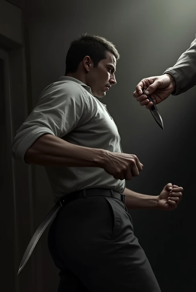 Man threatening another man with a gun, the first man points a gun at the other man's head the barrel of the gun is resting on the other man's head his face is angry. The second is on his knees with his hands tied behind his back awaiting his fate with his eyes closed, his face tense and his teeth clenched., he is shirtless and there are marks of violent blow on his face and he has a black eye, he has his head down towards the ground.