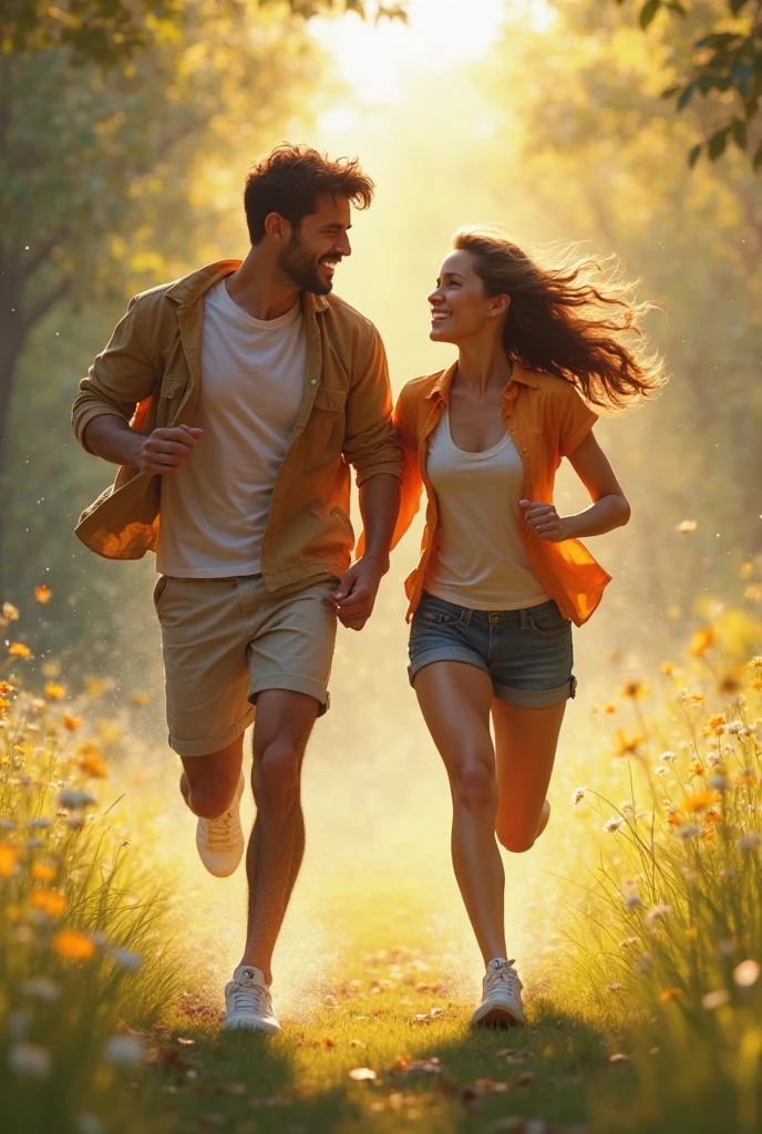 Couple running hand in hand 
