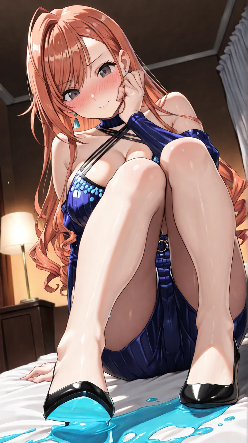 ((masterpiece、high quality、High resolution、4K, 8K, Blue archive official art、live-action)),detailed person、detailed face、detailed eyes、fine eyes、 (dripping sweat、oil skin,sparkling skin、realistic skin texture、detailed beautiful skin、shiny skin, big breasts、beautiful thighs, mature pretty woman、transparent eyes、sexy、(slender body and limbs,), (random pose) , ((clear eyes、double eyelid、big breasts))、((character : Blue Archive))、ぶら下がるbig breastsがシャツから見える、night scenery、night room、dark、lights out、grayscale:27、full of embarrassment、blush、bright red face、shy、((slender、beautiful feet、model body shape))、Pov、Sit at a desk with open legs、((steam,sweat,wat))