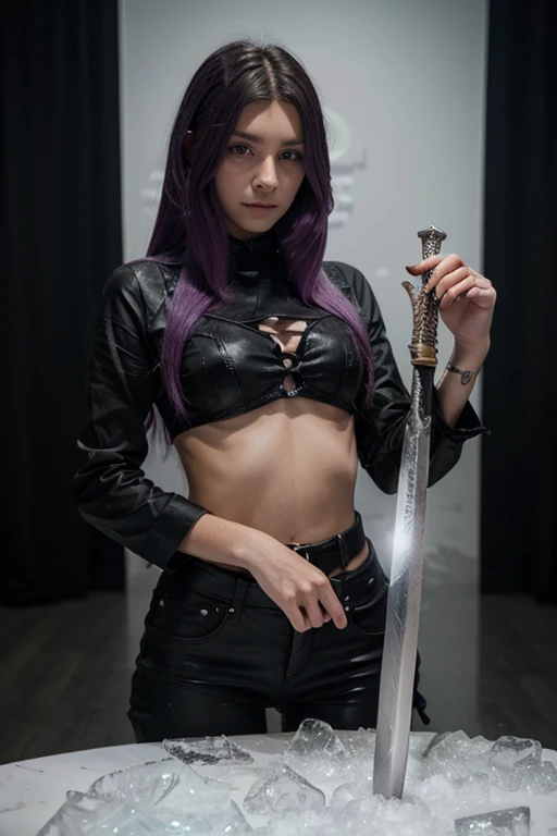 (big sword),(1girl),(masterpiece), (work of art), (amazing work), (detailed eyes), (purple eyes),(multicolored), (long purple thair), (sparkling eyes), (1girl),),best quality, full body, expressive eyes, perfect face, purple jacket,skinny jeans, large breasts,