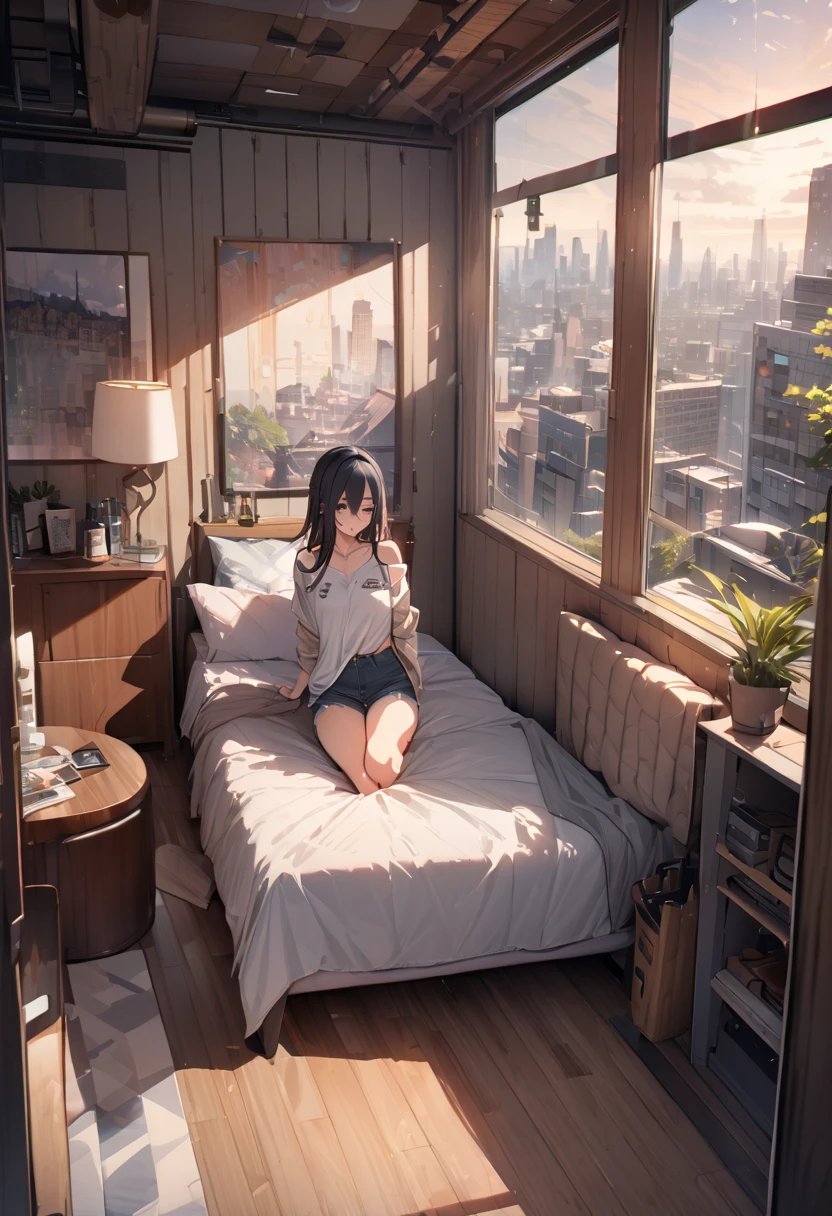 Masterpiece, highest quality, high resolution background, bright and beautiful atmosphere, 3 girls (2 years old, 1 short-tempered round face), 1 (hair, surface effects), small breasts, my room, small room, On the bed, a girl sitting on the bed, a girl holding a smartphone in one hand and looking at the monitor, a dating magazine placed on the bed, "deltamon_sdXL :0.73) >Deltamon