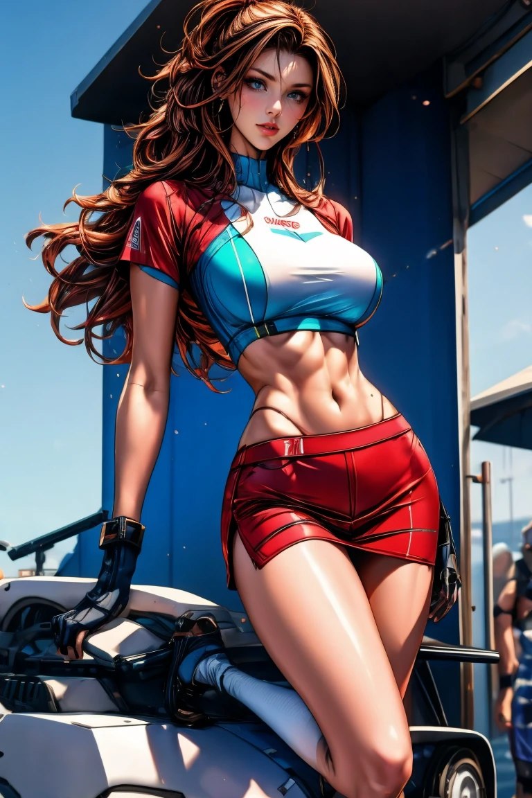 (((1 woman in frame), Pretty Caucasian (female), Sarah Shahi, a slim but muscular body, huge breasts)), ((bright red lipstick)), ((seductive smile)) ((big bright blue eyes looking towards the viewer)) ((short messy dark brown hair)), Ultra realistic 8K, flawless, tall,(Red Lip, Heavy makeup), Earring、Standing with formula car 、Nikon Z 85mm, ((Best Quality)) ,((masterpiece)), intricate details, Extremely delicate and beautiful, ((Sexy Race Queen, Open chest (( breast strap)), ((exposed belly button))、Ultra micro miniskirt(( very very micro)),)):1.0、（high heel:1.0、Full body shot:1.0、Sexy look、NSFW:1.0, race track background, sunny day,
