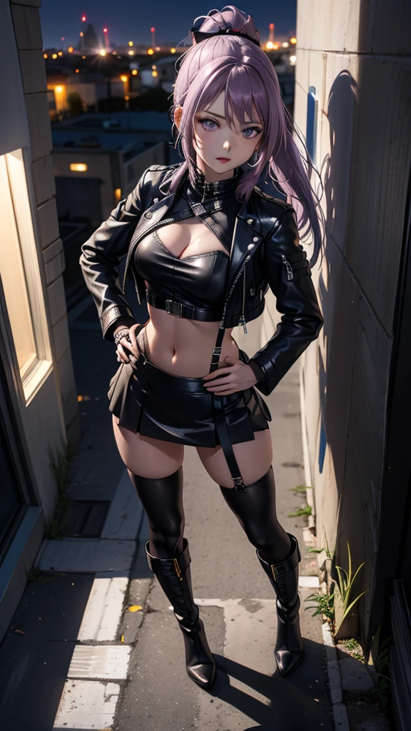 8k, A beautiful 17-year-old blonde woman, purple hair, black hair headband, green eyes, sexy black fitted leather miniskirt, open leather jacket without a bra, detail of body and face, defined thighs, beautiful buttocks, black garter belt, ((no panties)), ((camel toe)), ((Full body shot))