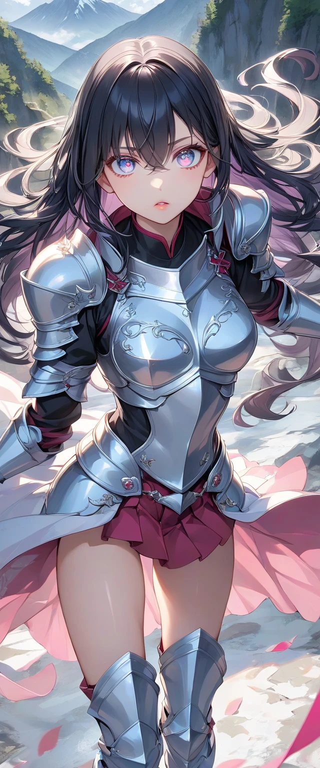 (Perfect ???????)、Mastepiece、Ultra High Quality、 8k、masterpiece、Highest quality、Ultra-high resolution、Maximum resolution、Very detailed、Professional Lighting、anime、Adult female、thin、so beautiful、Highly detailed eye、Highly detailed face、Golden earrings、Black Hair,、Pink eyes, , Braiding、Straight bangs、Black shiny tights、Blue full plate armor、Long sword、attack、Random Action Pose