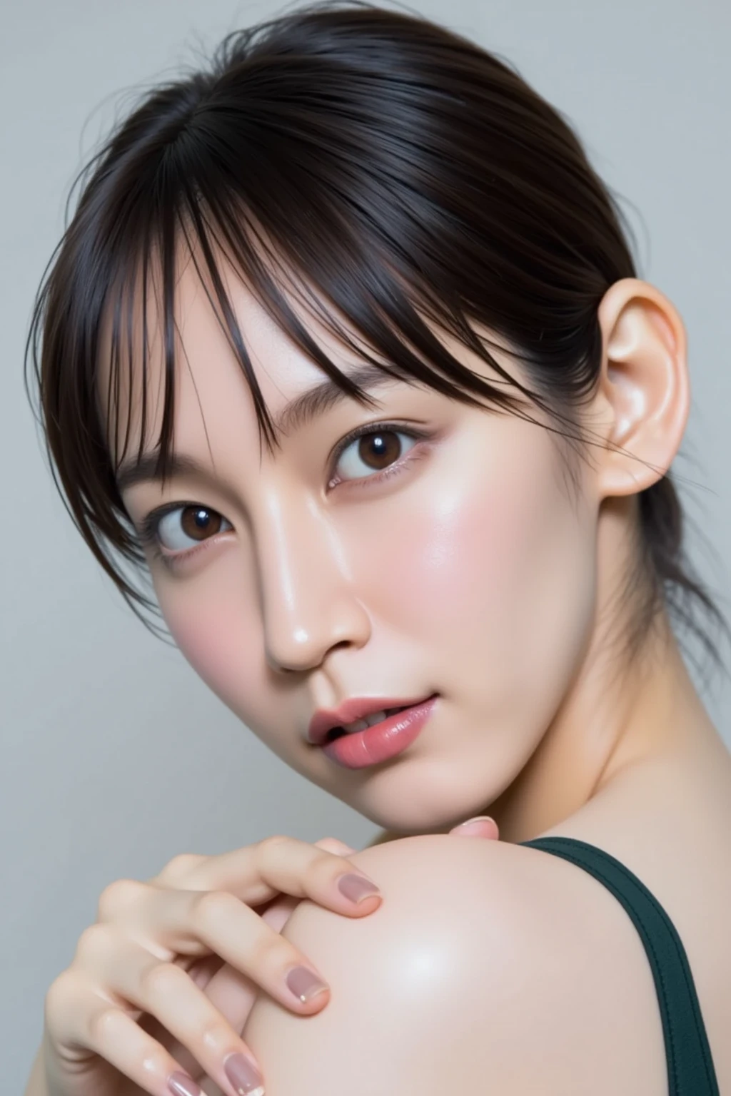 (Highest quality), (masterpiece), highly detailed, A naked Riho was lying on the bed, taking my penis in her wide open mouth and sucking it., I have oral sex with her, body, Eyes that are evenly shaped, Big eyes, Droopy eyes, A dreamy look, She holds my penis between her breasts, she does shy smile, she is blushing, Beautiful mouth, get creampied, A simple background with just a sheet,