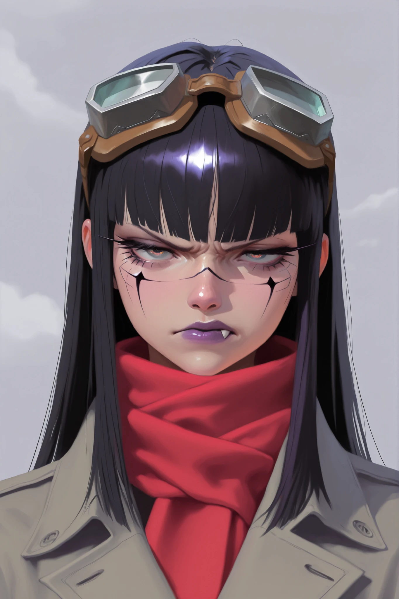 HDR, 8K, high contrast, masterpiece, best quality, amazing quality, very aesthetic, anime artstyle, realistic, newest, digital painting, brushstrokes, digital painting, brush texture, shiny, sharp shapes,
BREAK
bounce light, hyperdetailed, detailed hair strands, detailed fibers,
BREAK
Concept art, portrait, grey background, cloudy grey background, super textured, sungmoo style
BREAK
1girl, portrait, goggles on head, , purple lips, scowl, narrow eyes, defined eyelashes, grey trench coat, red scarf, hime cut hair, scottish ethnicity, sharp facial features, fair skin, shrouded in mist, black hair,