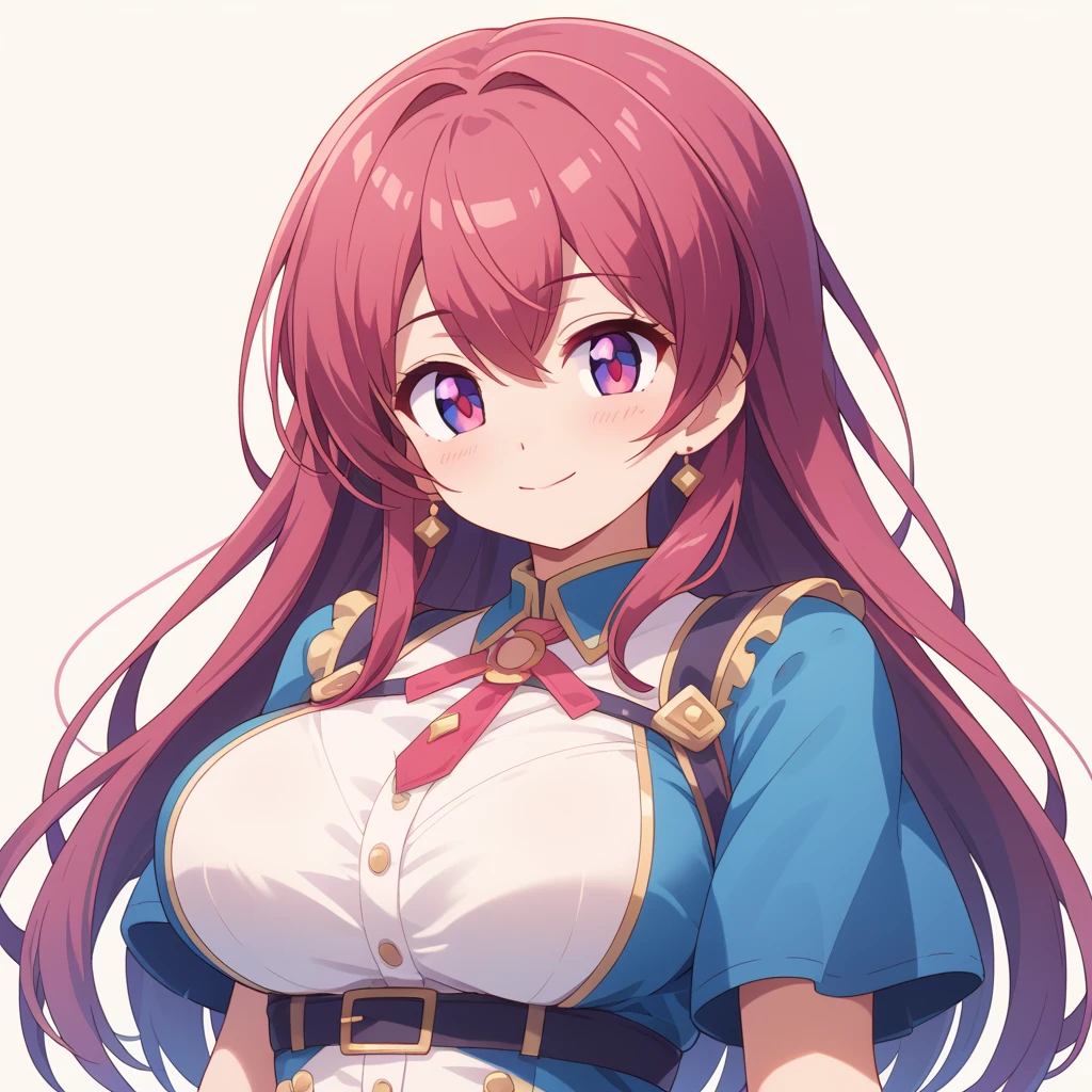 already,heterochromia iris,long sleeve,(big breasts:1.5),shiny,hair,((alone)),((masterpiece)),((highest quality)),perfect anatomy,slim waist,perfect image,8k UHD,(detailed and beautiful eyes:1.5),highly detailed face,Are standing,(Upper body:1.1),(look ahead:1.1),back arm,super detailed,disorganized,High resolution,indoor hall,light smile,long hair,