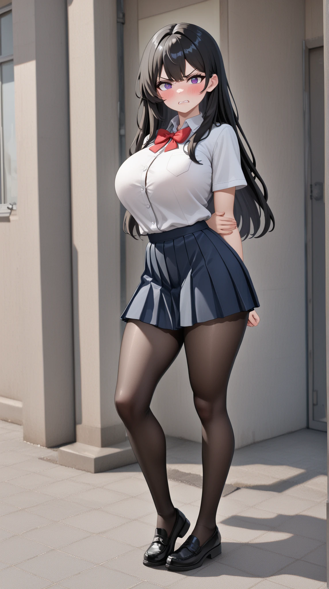 1 mature girl, beautiful face, blue eyes, red cheeks, smile, long straight hair, black hair, long bangs, seky body, colossal tits, overmany, big and droopy, big titietra, wide hips, School uniforms, mini skirt, short skirt