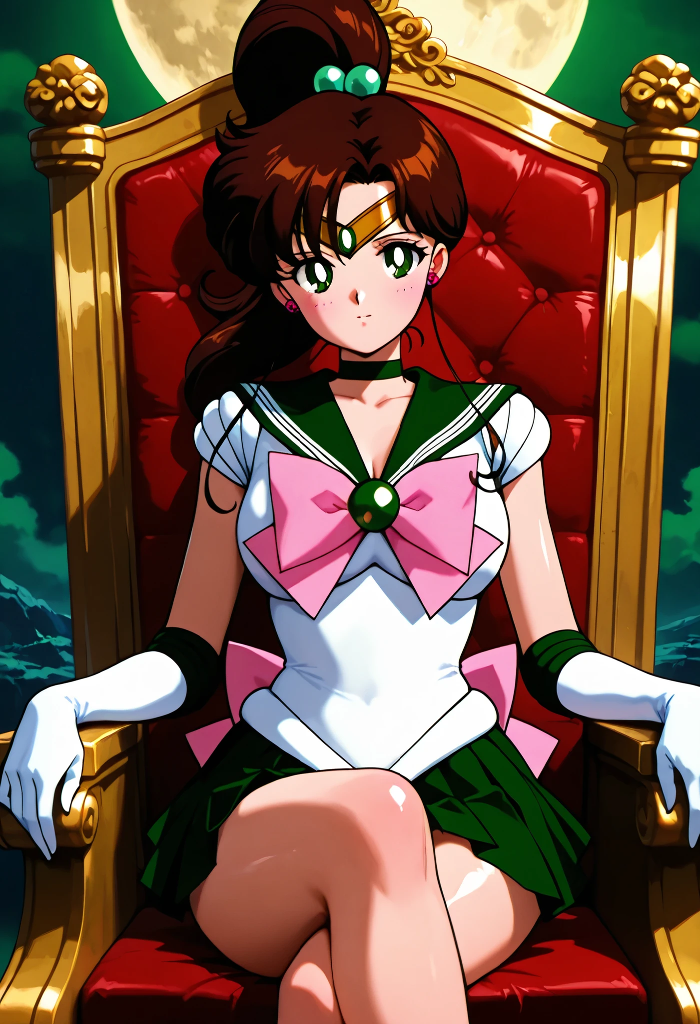 masterpiece,best quality,amazing quality, sailor jupiter, brown hair, green eyes, hair bobbles, ponytail, sidelocks, parted bangs, back bow, bowtie, brooch, choker, earrings, elbow gloves, gloves, green choker, green gemstone, green sailor collar, green skirt, pink bow, pink bowtie, pleated skirt, sailor collar, shirt, short sleeves, skirt, white gloves, white shirt, sitting, throne, moon kingdom, moon, crossed legs, clear skin, ultra-detailed-eyes, soft skin, very awa, very as2, shiny skin, shiny hair, soft body, 90's style, official art