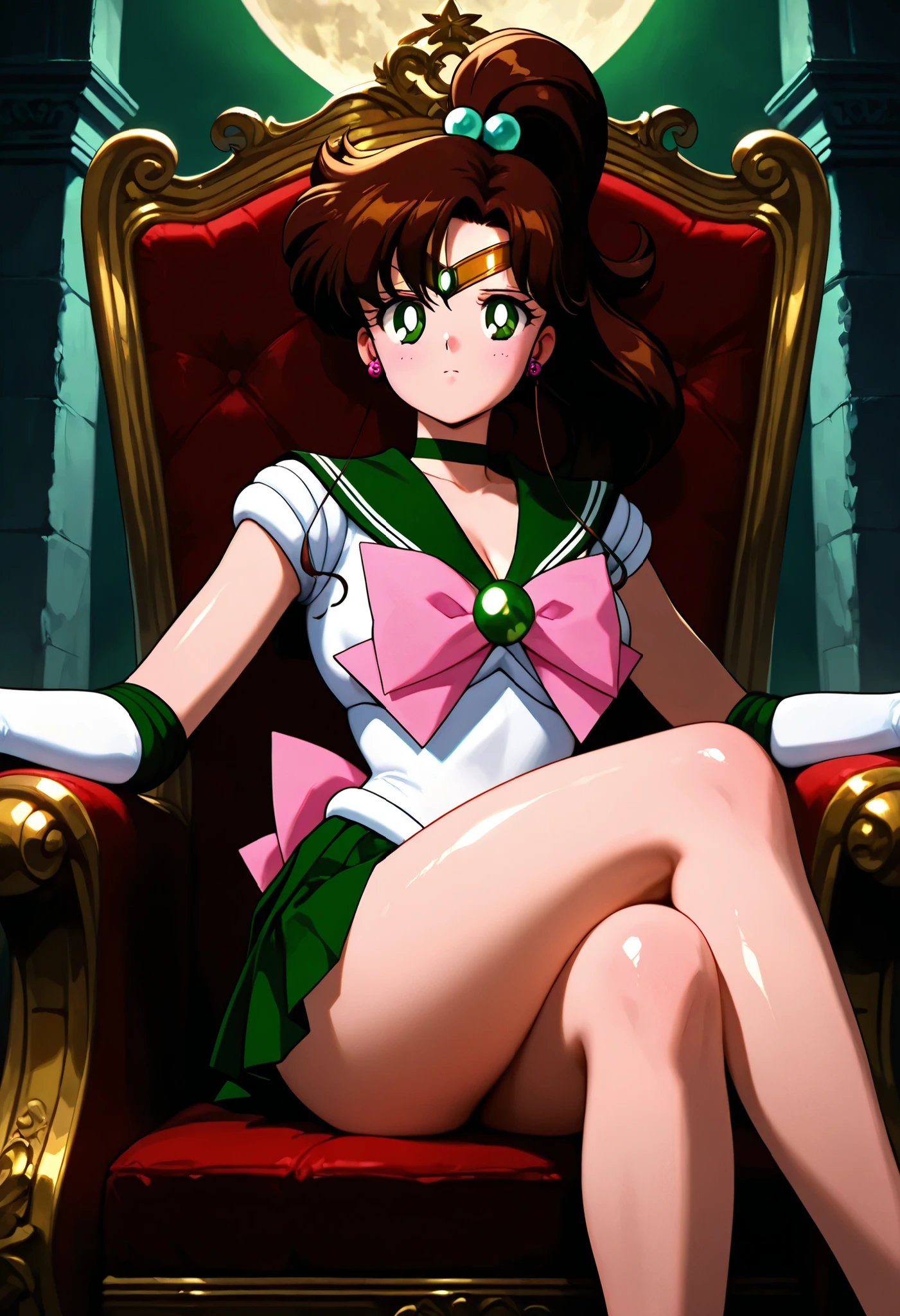 masterpiece,best quality,amazing quality, sailor jupiter, brown hair,  green eyes, hair bobbles, ponytail, sidelocks, parted bangs, back bow,  bowtie, brooch, choker, earrings, elbow gloves, gloves, green choker, green gemstone, green sailor collar, green skirt, pink bow, pink bowtie, pleated skirt, sailor collar, shirt, short sleeves, skirt, white gloves, white shirt, sitting, throne, moon kingdom, moon, crossed legs, clear skin, ultra-detailed-eyes, soft skin, very awa, very as2, shiny skin, shiny hair, soft body, 90's style, official art
