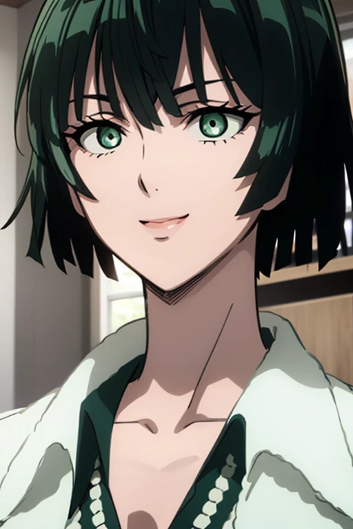 Anime style image of an anime milf with short green hair, her eyes are also green, she has red lipstick and she is in a kitchen