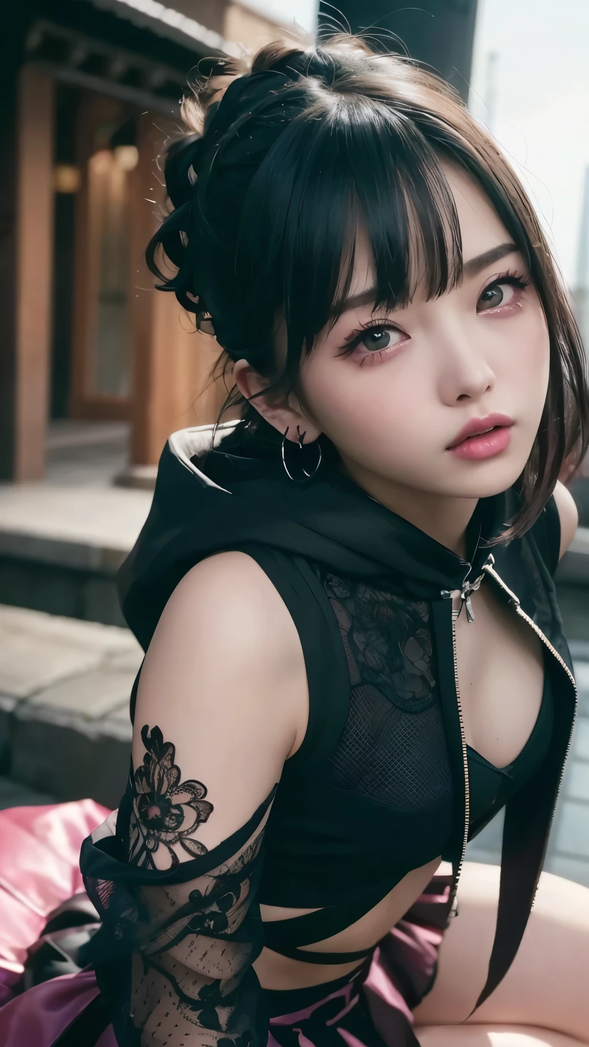 greatest masterpiece、Best Quality、Ultra High Resolution、super high image quality,aesthetic、16K、 (photorealistic:1.4)、ゴシックpunkの衣装、looks up, upper body,Gray Hair,(realism、realistic、photorealistic)、black、earrings、amount、Gothic skirt、Goth_punk,sharp、night 、flat chest:1.8, AA-cup chest 、 Slim waist:1.2、long sleeve:1.5、マイクロミニskirt、(Unreal and dynamic、Surreal、absurd、 dynamic action shots、Portrait、Super sharp、 realistic textured face and skin、beautiful symmetrical face、(Perfect Anatomy)、 CGSoation Trends、thigh, Particle Effects , beautiful effects, Vivid Colors, Neon Light,、超A high resolution 、octane rendering with a slightly smaller mouth、dark fantasy、Knee、intricate and detailed background、 very delicate and detailed、skirt、Knee、Unconventional、Luxurious Outfits、Pink fluorescent complementary color、hoodie、Deep Red Lipstick、 has swollen eyes、red eyeshadow、dynamic pose soaked in hot springs