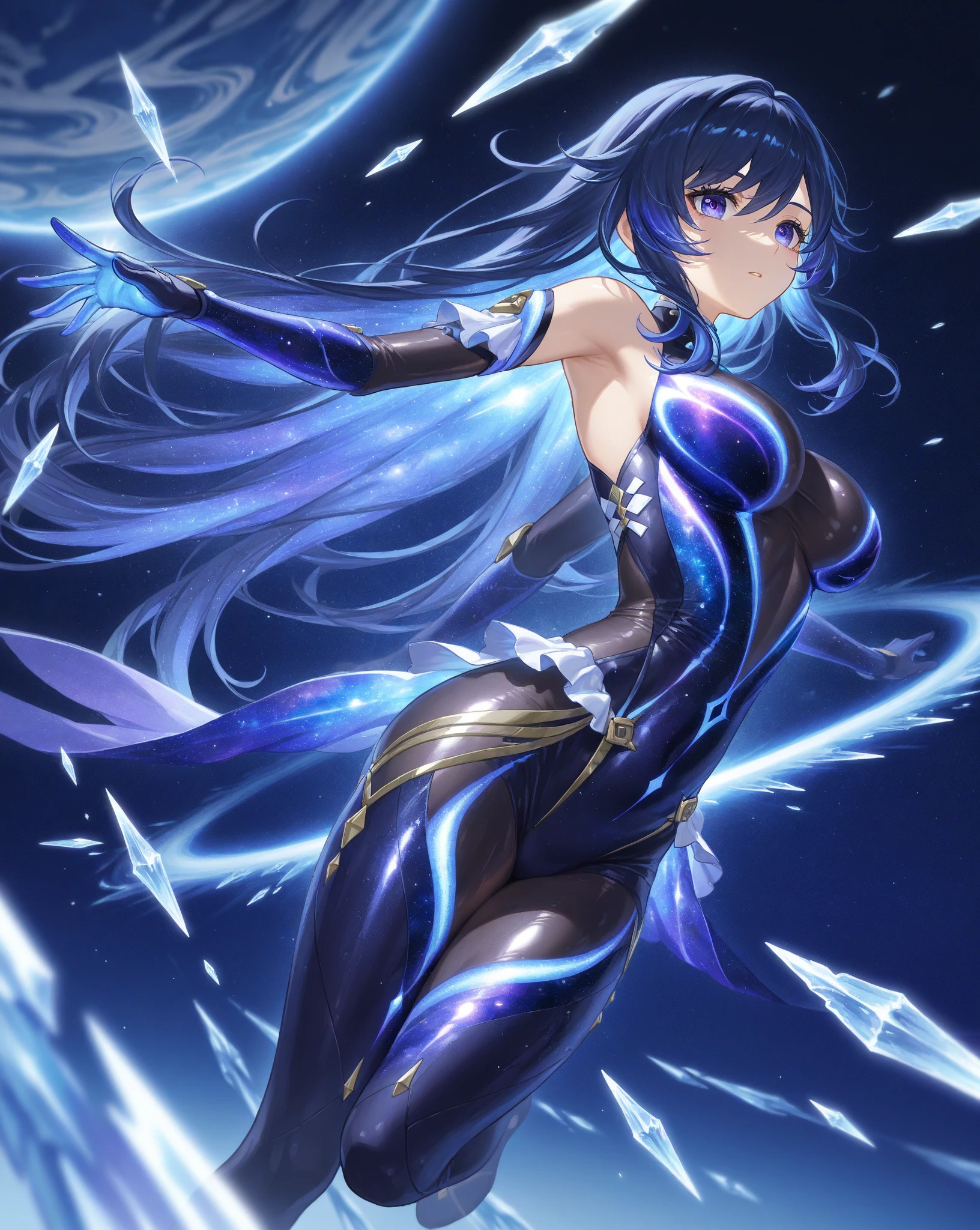 The whole body is beautiful and gorgeous Honkai three style, Astral Deva,fully body photo, Goddess, Shiny skin, Long straight hair, Black hair color, tan complexion, Blue eye color, Gender female, ren,Very detailed face and hands, 36d chest,Highlight points,pointy ears,analogous colors, Glowing shadow, beautiful gradation, Depth of field, Clean image, High quality, High detail, High definition, Luminous Studio graphics engine