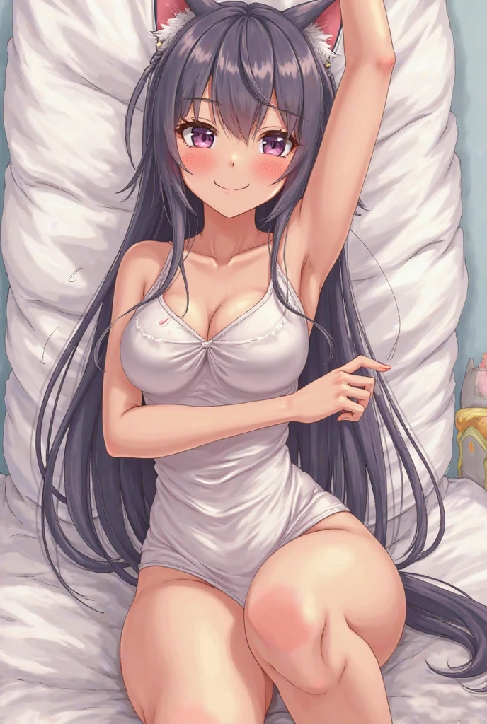 (masterpiece、highest quality、Super detailed)、One girl、Black Hair、twintails、Grey Eyes、smile、Small breasts、((white camisole))、((white panties))、wariza、On the bed、Bedroom Background