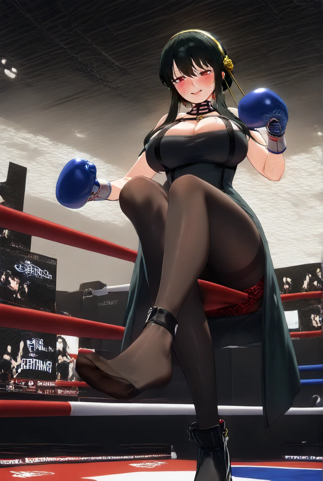 individual,Beauty,boxing gloves,boxing match,pantyhose,black jumpsuit,sexy,Big breasts,long legs,cleavage,ring,sweating,8k,Super detailed,high quality,long hair,Cat ear