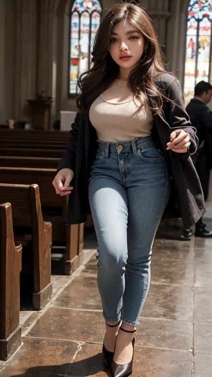 Woman, 20 years old, short puffy curly hair, brown hair, tall, olive skin, brown eyes, large breast, large butt, wide hips, large thighs, light blue jean jacket, long black dress skirt, black high heel boots, in a grand old church, mid day, high resolution, fully clothed, looking forward