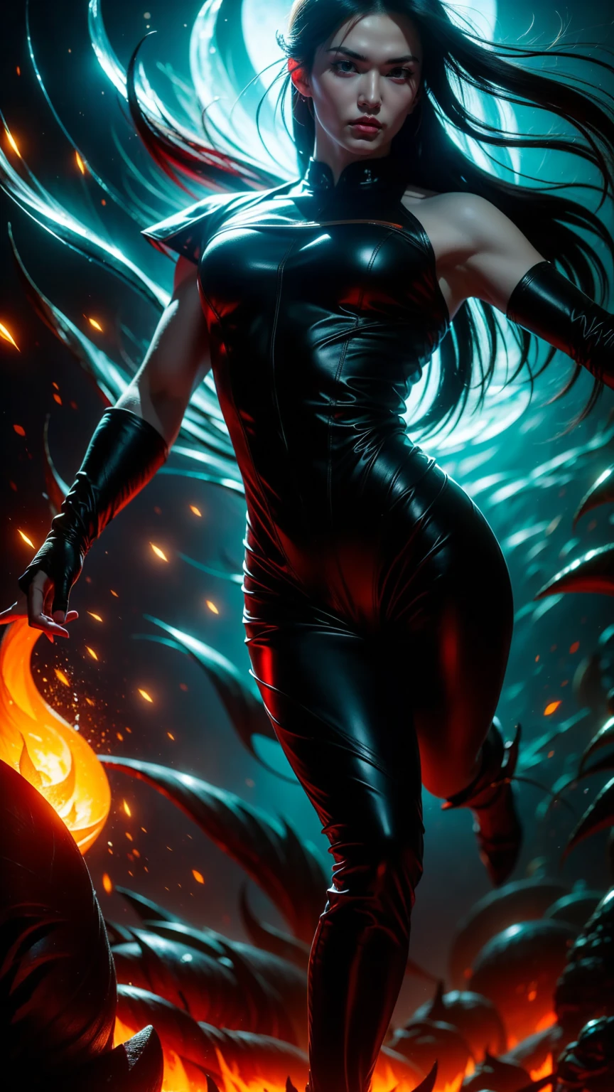 Action shot, 1 girl, flying hair, red eyes, fire witch, blood on my face, particles of light, lightning rays, wallpaper, colorful, high contrast, vampire, grin, evil smile, psychopathic grin, psychopathic smile, tilted head Dirty body sweaty beautiful breasts exposed liquid from nipples alien woman alien woman, Slimy saliva, The whole body is facing towards me attractive body open legs lure Holding your chest close with your arms succubus drool stick out tongue