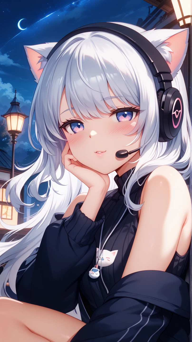 absurderes, ultra-detailliert,bright colour,(in 8K:1.3),masuter piece,extremely beautiful detailed face and eyes, 25 years old,(Smooth white straight hair:1.3), (Shiny long hair:1.2),(Pattsun bangs:1.2) Delicate beautiful face, red blush、(Deep blue eyes:1 blue cute hoodie with bunny ears and white short skirt:1.3), (wearing blue and white gaming headphones), sitting on the gaming chair, night time, smiling gently, park, Natural Nice Spot, cute pose, Detailed face,staring at the stars